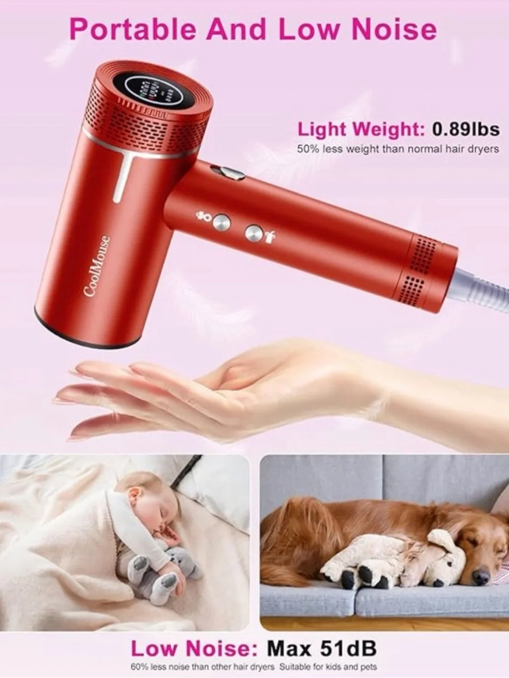 Red high speed, ionic hairdryer, fast drying low noise, compact #VA4